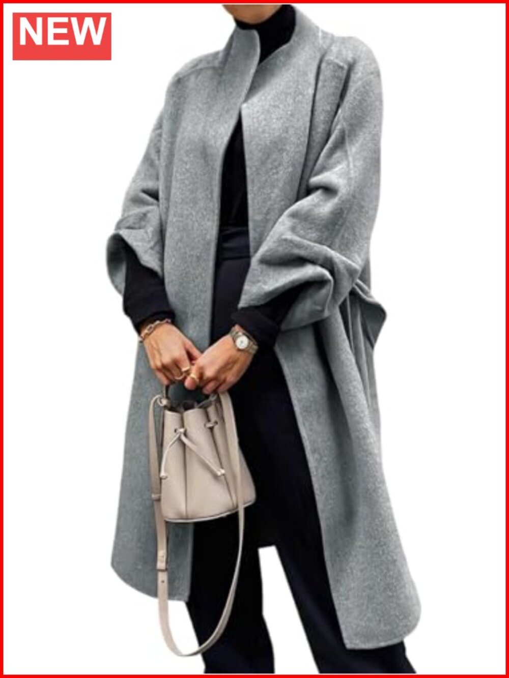 Women's Long Wool Blend Pea Coat Oversized Open Front Wrap Overcoat